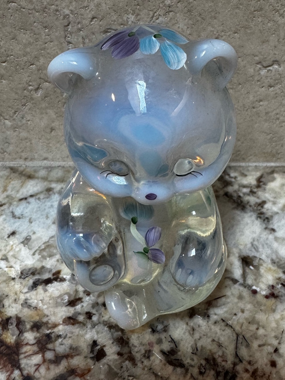 Vintage Fenton Opalescent Glass Teddy Bear Hand-Painted Floral Signed Rare